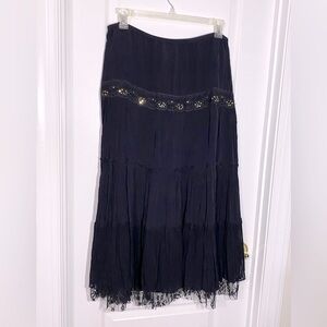 Paradise NY Lace Trim Gold Sequin Tiered Maxi Skirt Black Large